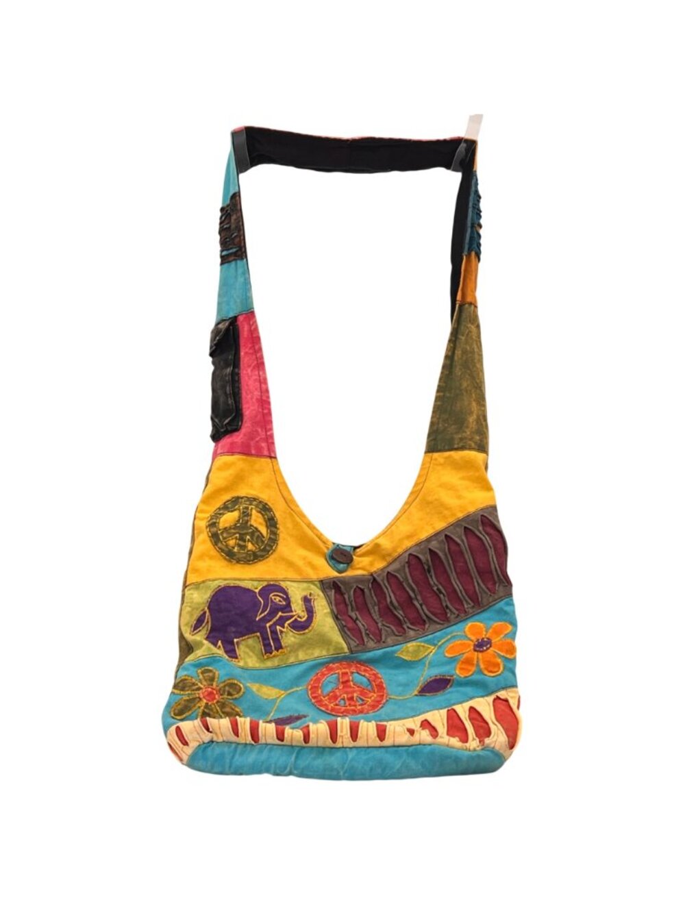 Hippie Boho Crossbody Shoulder Bag Peace Symbols Flowers Elephant Multicolor - Picture 2 of 16